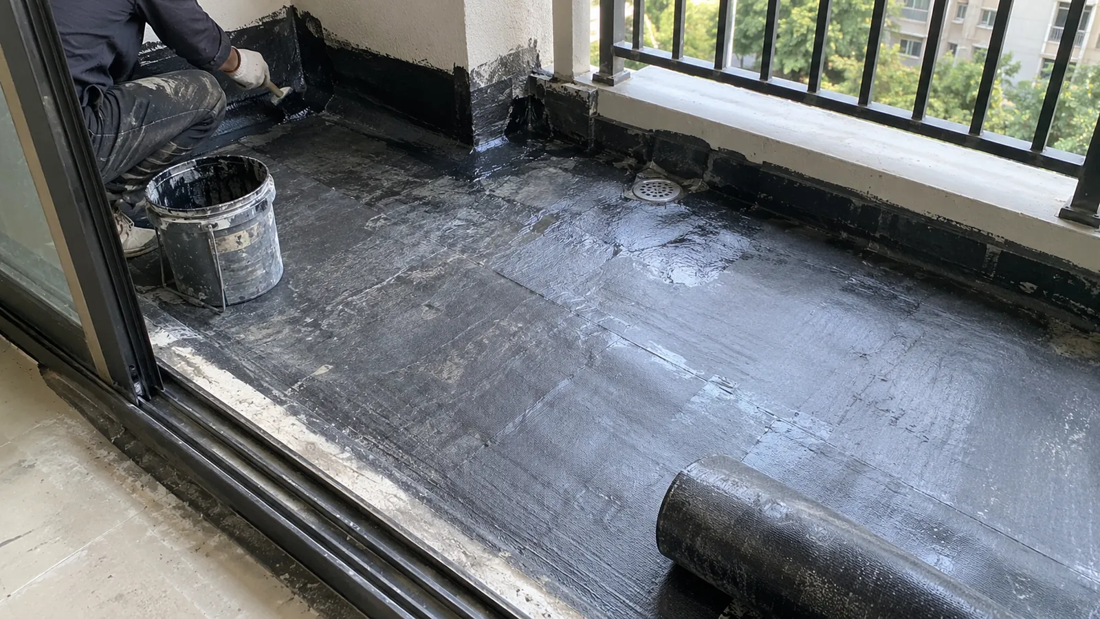 Membrane being applied to a balcony floor beside the doorway and floor drain