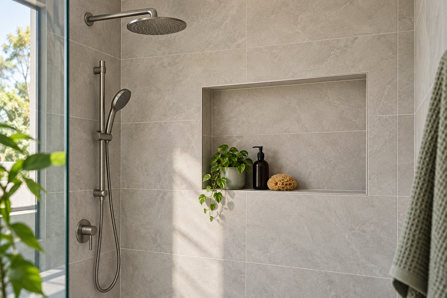 Finished tiled bathroom wall detail