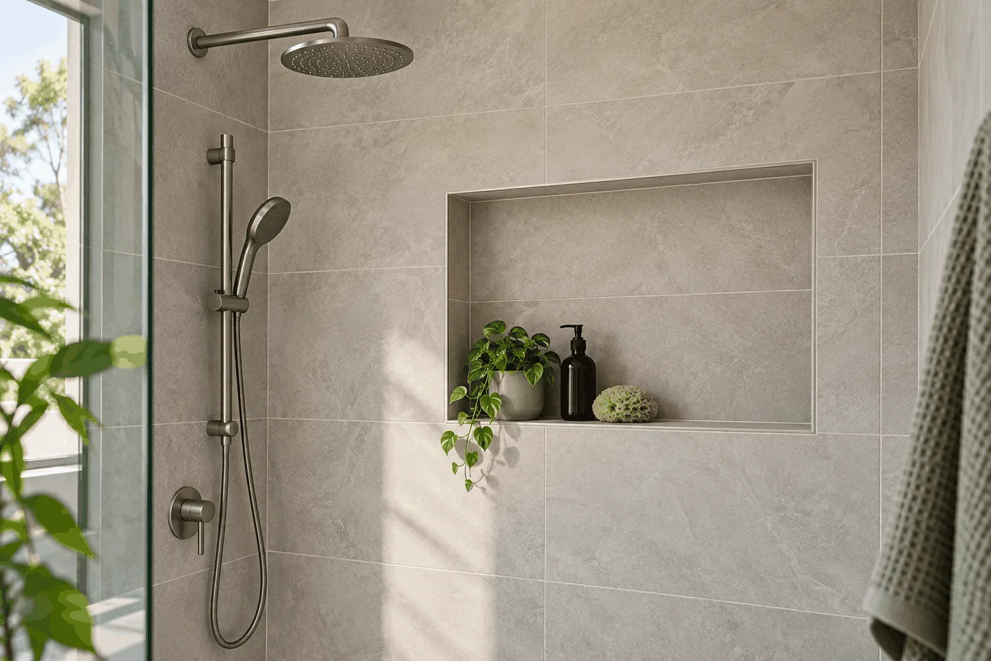 Tiled bathroom wall with a shower niche
