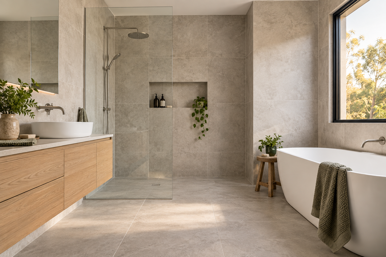 Contemporary tiled bathroom with shower and stone surfaces