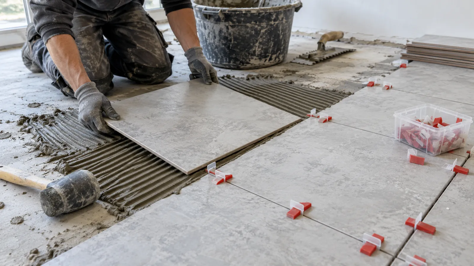A worker installing large-format floor tiles with tile spacers