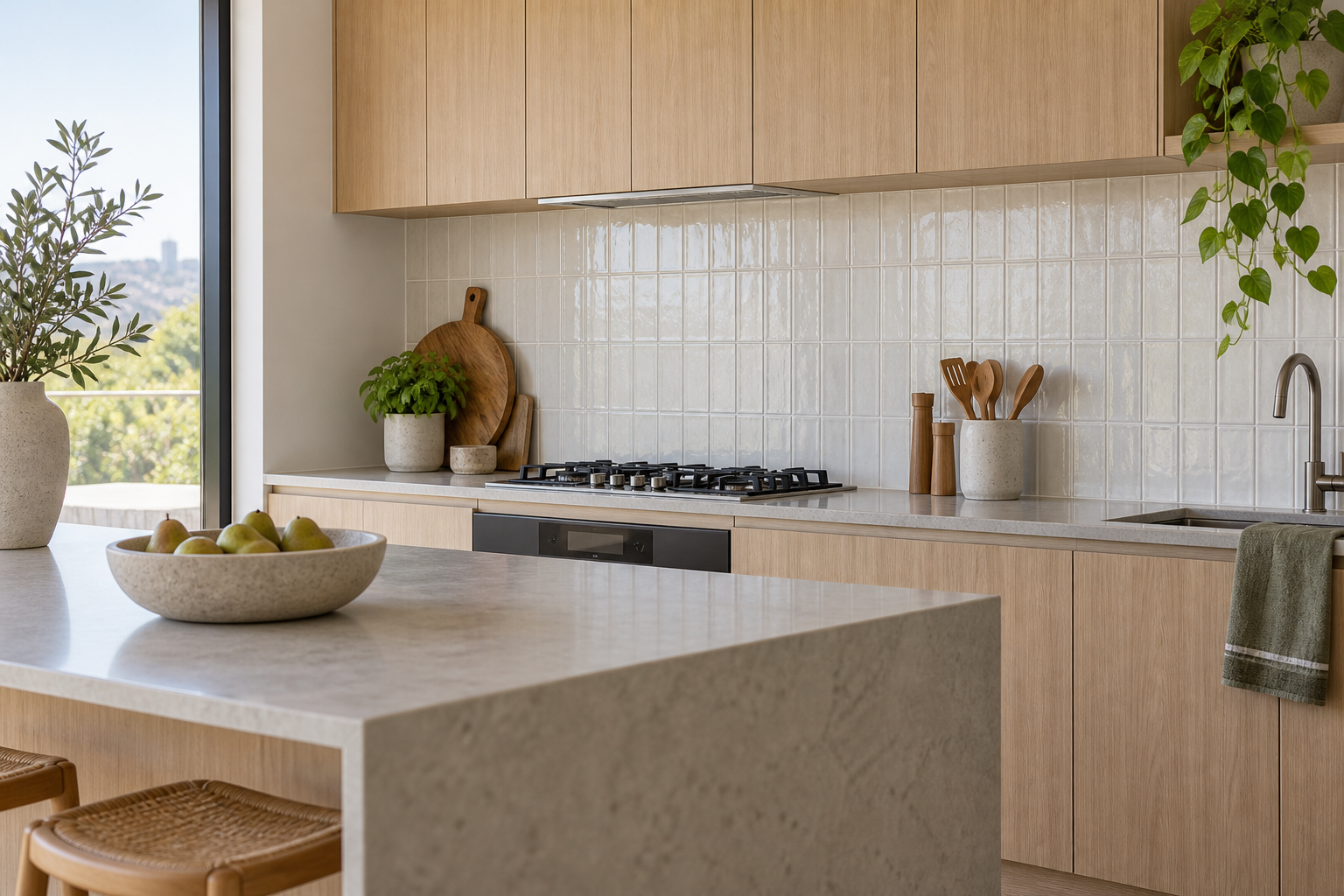 Kitchen with a completed ceramic tile splashback
