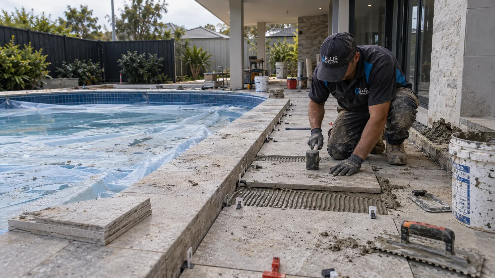 A worker laying terrace tiles beside a swimming pool
