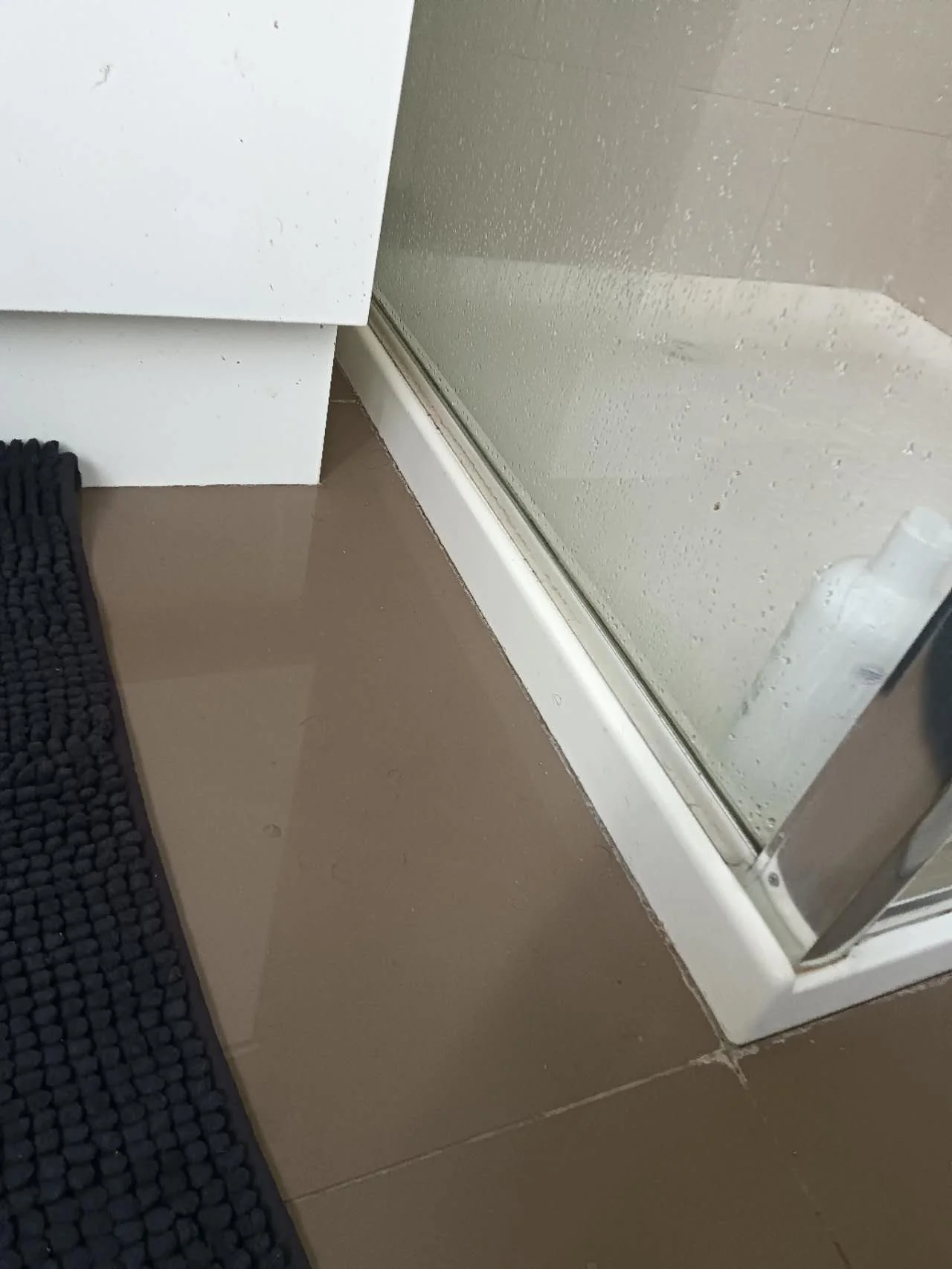 Shower screen frame, base edge and adjoining floor tile joints