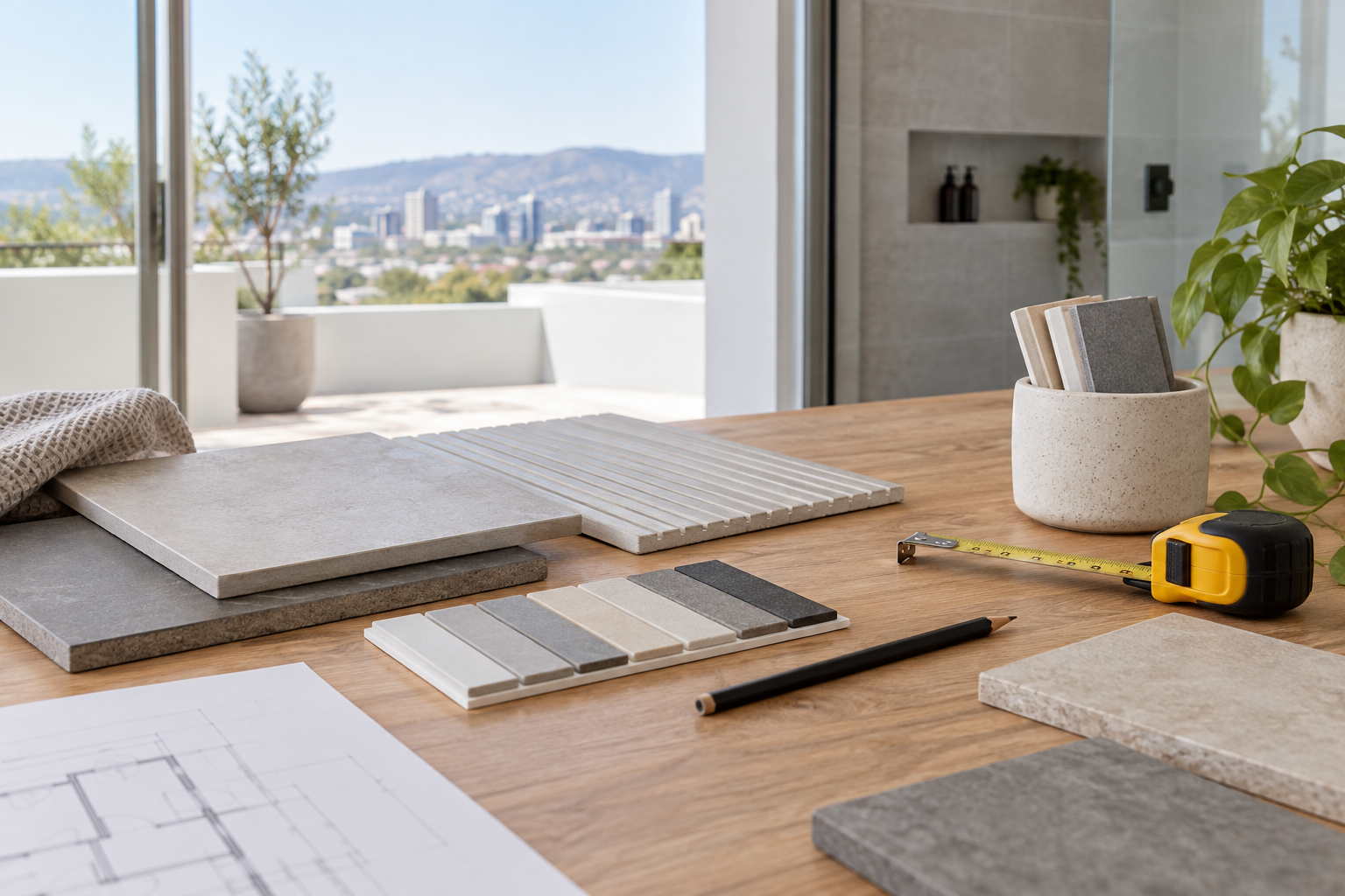 Tile samples and measuring tape arranged on a timber workbench