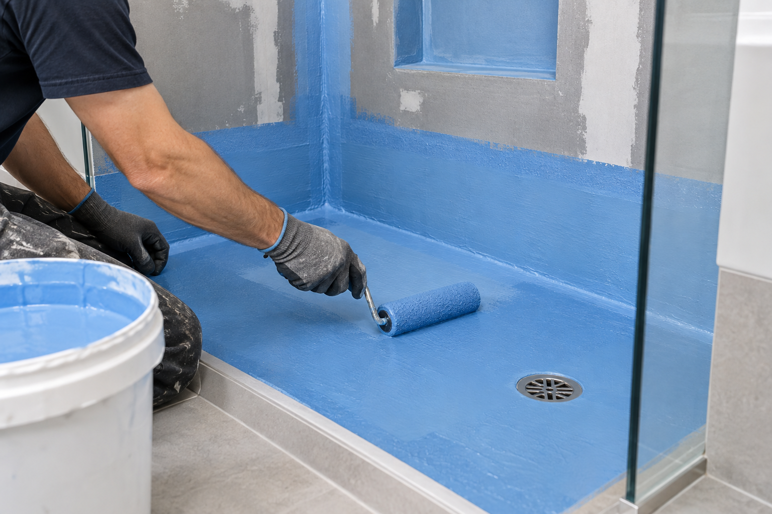 Waterproof membrane being applied in a bathroom shower recess