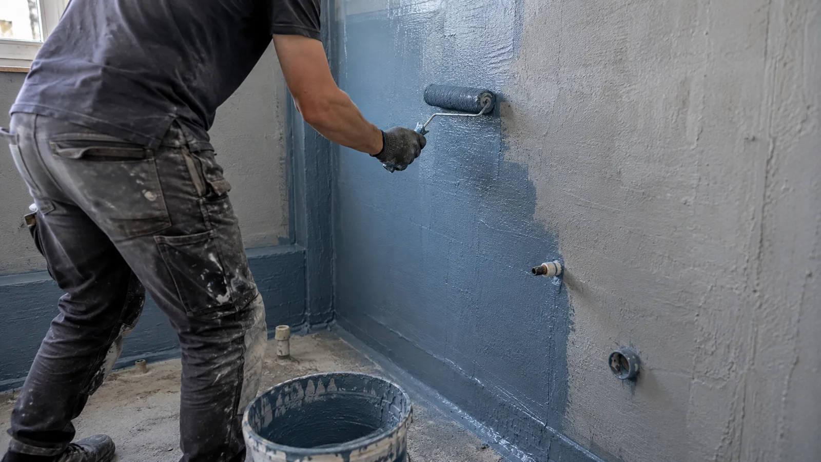 A worker applying blue waterproofing membrane to a shower wall