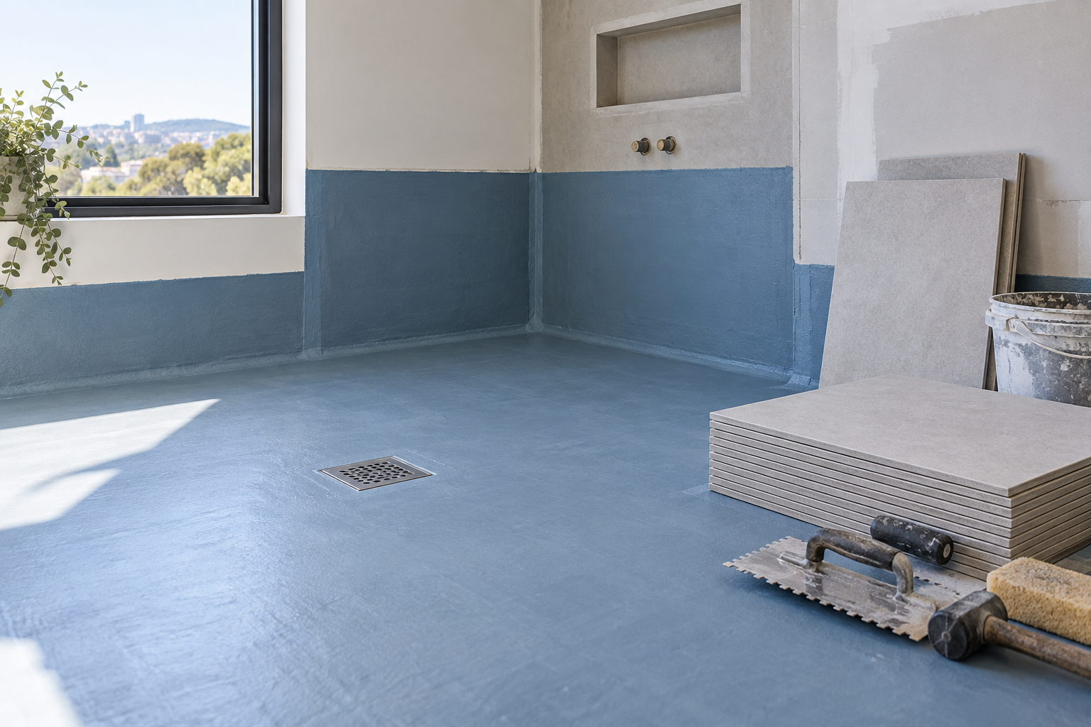 Waterproofed wet-area floor with drain and tile stacks
